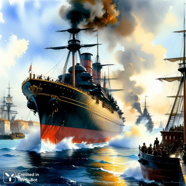 Стимпанк-эпоха: Битва корабля Монитор в викторианском порту. Изображение из нейронной сети Stable Diffusion