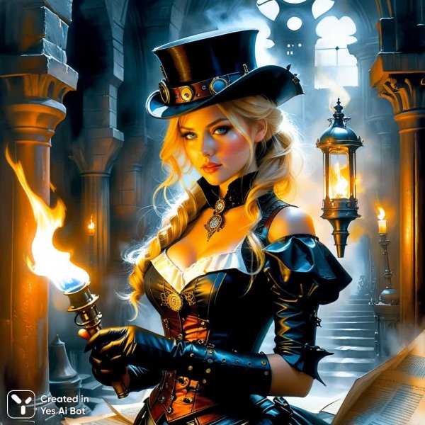 Тёмная фантазия: девушка с факелом в стимпанк подземелье, акварельные этюды и наследие Винсенте Ромеро Редондо. Картинка из нейронной сети Stable Diffusion