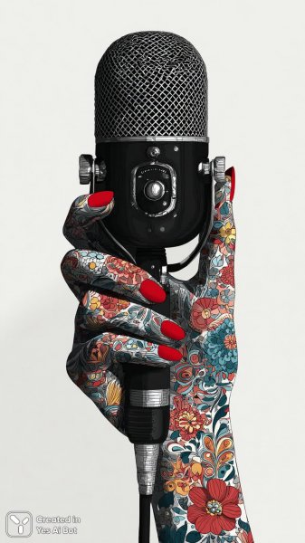 Рука с микрофоном: минимализм и игривость в красных тонах. Нейросеть Миджорни