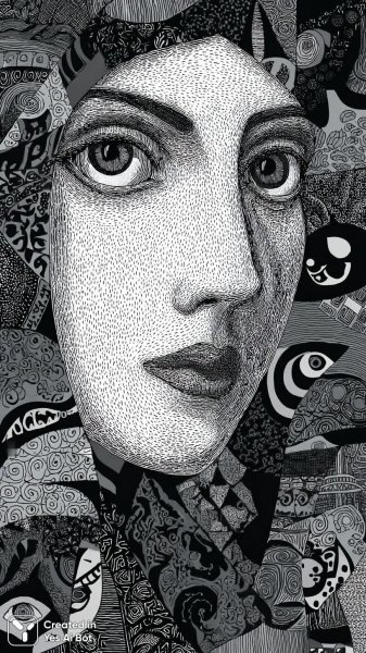 Загадочная мозаика: женщина в психоделическом черно-белом мире. Нейросеть Midjourney