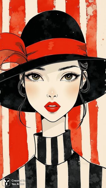 Загадочная дама в красной помаде и широкой шляпе под полосатым фоном. Изображение из нейросети Flux Ai