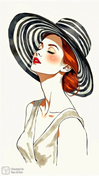 Минимализм и стиль: женщина в черно-белой шляпе с красным акцентом. Генерация из нейросети Flux