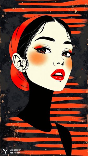 Лицо женщины: черно-белый минимализм с красными губами и полосатым фоном. Генерация из нейронной сети Flux.1
