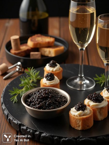 Изысканная сервировка: кавиар, шампанское и атмосфера роскоши. Нейронная сеть Flux 1