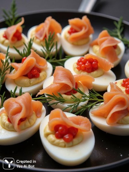 Изысканная закуска: яйца с лососем и кремом – воплощение гастрономического искусства. Нейронная сеть Flux Ai