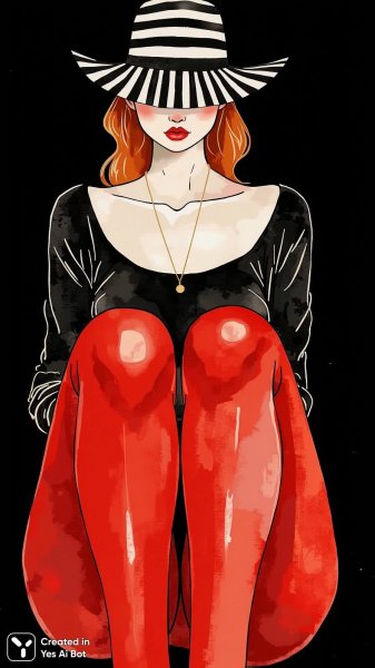 Красная деталь минимализма: женщина в полосках и красном акценте. Изображение из нейросети Flux Ai