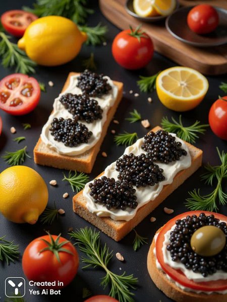 Изысканный натюрморт с деликатесами и свежей зеленью в стиле высокой кухни. Картинка из нейронной сети Flux 1