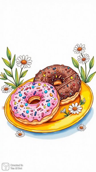 Яркие пончики на солнечном блюде: сказочная иллюстрация для раскраски. Нейронная сеть Flux Ai