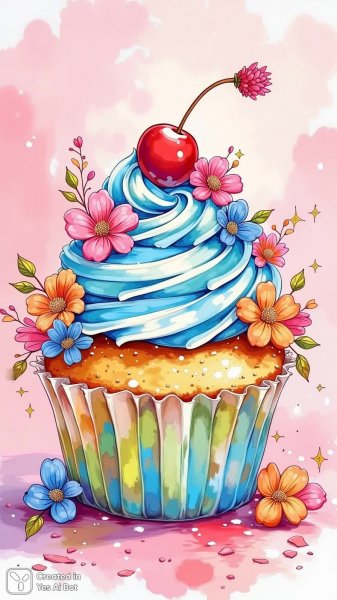 Нежная акварель: воздушный розовый десерт с клубникой и цветами. Нейронная сеть Flux Ai