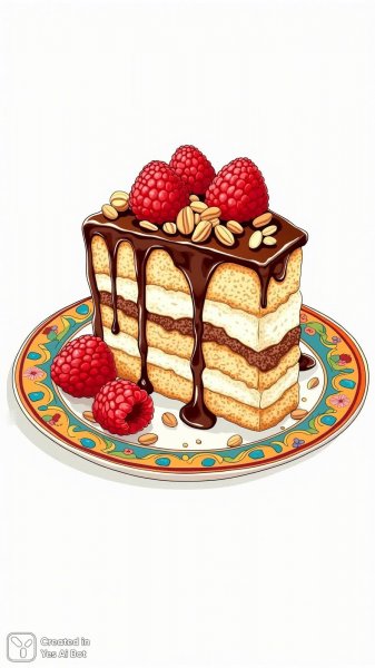 Изысканный торт: гуашевая иллюстрация для раскраски с шоколадом и ванилью. Нейронная сеть Flux Ai