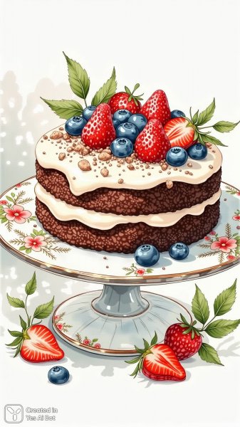 Изысканный шоколадный торт с ягодами и нежным кремом в стиле раскраски. Генерация из нейронной сети Flux Ai