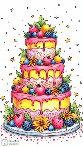 Нежный торт в стиле Zentangle: фруктовое великолепие и цветочный каприз. Картинка из нейронной сети Flux