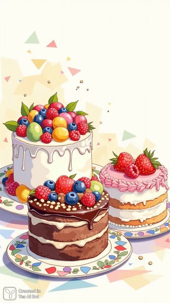 Яркие торты с фруктами и конфетами для детской иллюстрации. Картинка из нейронной сети Flux.1