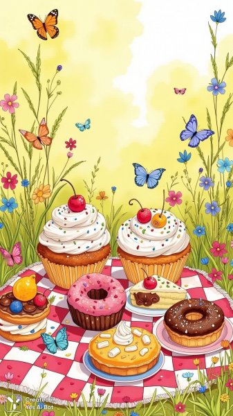 Веселый пикник: сладкие угощения и солнечный фон для раскрашивания. Картинка из нейронной сети Flux 1