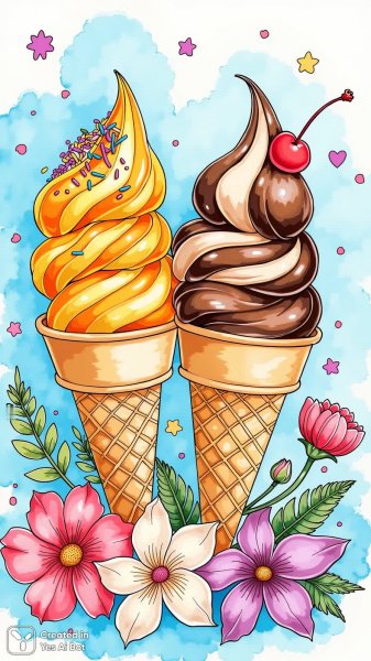 Летнее наслаждение: яркие рожки с мороженым и цветы. Генерация из нейронной сети Flux