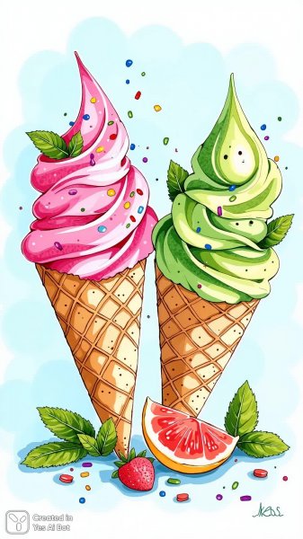 Сладкое лакомство: яркие мороженые рожки с фруктами и мятой. Нейронная сеть Flux 1