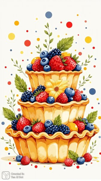 Яркий пирог с ягодами и фруктами: сказочная иллюстрация для детской книги. Генерация из нейронной сети Flux.1