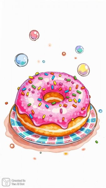 Радостный пончик в стиле наивного искусства с розовым сиянием и разноцветными посыпками. Изображение из нейронной сети Flux.1