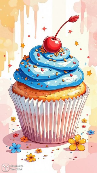 Милый капкейк с королевским синим кремом и вишенкой. Картинка из нейросети Flux Ai