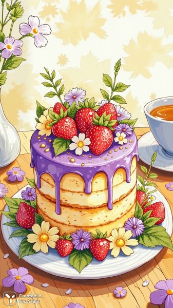 Волшебный торт: клубника, цветы и чашка чая на деревянном столе. Нейросеть Flux