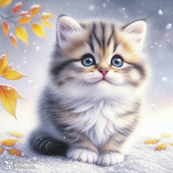 Улыбчивый котёнок на заснеженном утреннем пейзаже. Изображение из нейронной сети Dalle 3