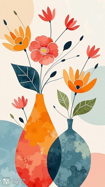 Яркие вазы с цветами в современном стиле и нежных тонах. Нейросеть Flux Ai