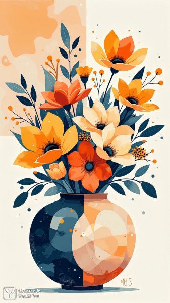 Яркий абстрактный букет в круглой вазе: геометрия и пастель. Генерация из нейросети Flux 1