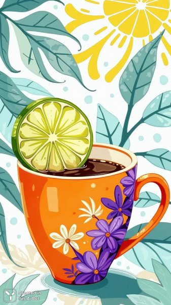 Яркий кофе с лаймом в геометрическом мире. Картинка из нейросети Flux Ai