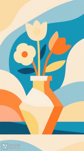 Геометрическая нежность: ваза с цветами в пастельных тонах и плавном фоне. Нейронная сеть Qwen