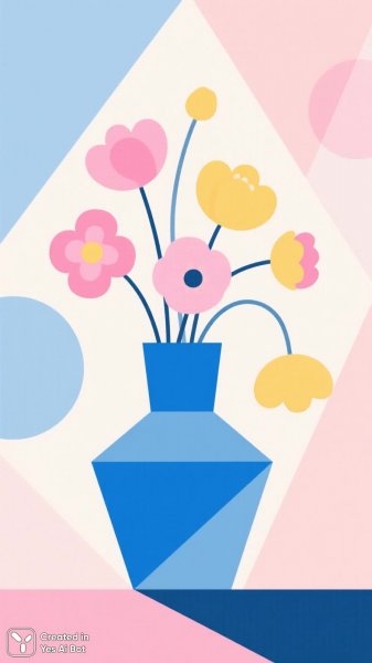 Цветочная композиция в стиле минимализма с голубой вазой. Картинка из нейронной сети Qwen Ai Images