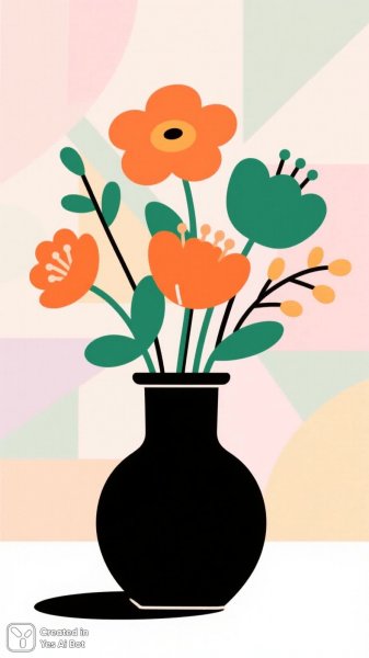 Нежная композиция: ваза с яркими цветами на фоне пастельных узоров. Нейронная сеть Qwen images Ai