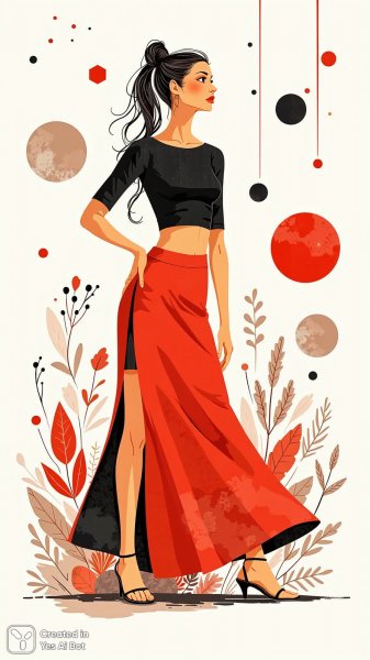 Яркая женщина в красном: абстракция и мода в наивном стиле. Нейронная сеть Flux Ai