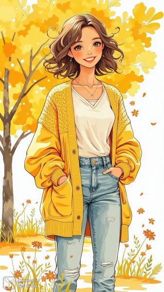 Девушка в желтом кардигане и джинсах: солнечный день в парке. Картинка из нейросети Flux Ai