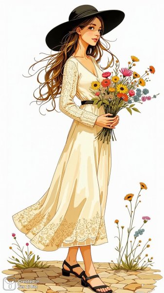 Женщина в шляпе с букетом полевых цветов на мощёной улице. Изображение из нейронной сети Flux