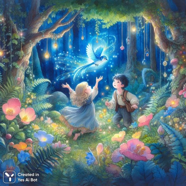 Волшебный сад и синяя птица: сказочная встреча в полумраке. Изображение из нейросети Dalle