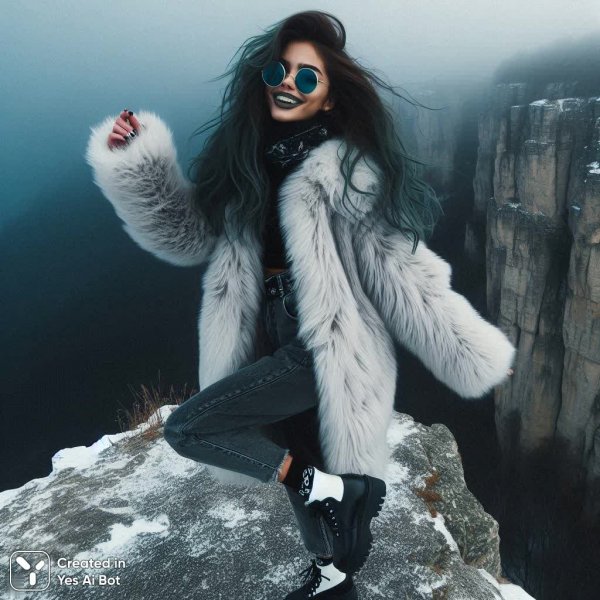 Танцующая девушка на краю обрыва в зимнем тумане и черном платке. Генерация из нейронной сети Dalle