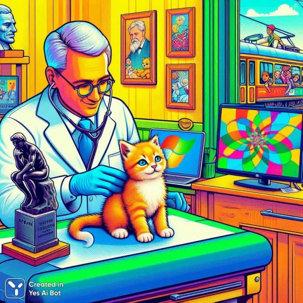 Котенок, доктор и философ: фантастический прием в детской поликлинике. Картинка из нейросети Далли 3