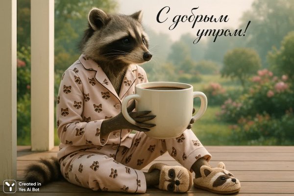 Утренний капустник: уютный енот с кофе на крыльце. Картинка из нейронной сети Sora
