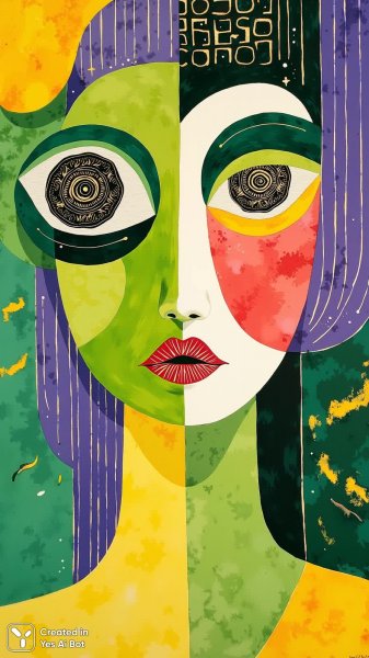 Яркий женский портрет в стиле абстрактного минимализма с геометрией и насыщенными текстурами. Картинка из нейросети Flux