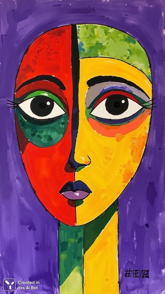 Яркий абстрактный портрет с геометрией и цветом. Картинка из нейросети Flux 1