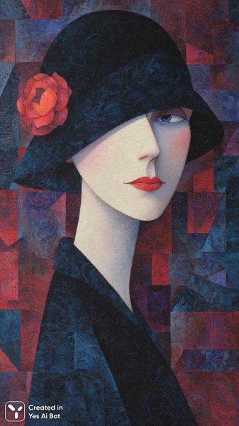 Яркий портрет женщины в стиле кубизма с необычным носом и цветами. Нейросеть Midjourney