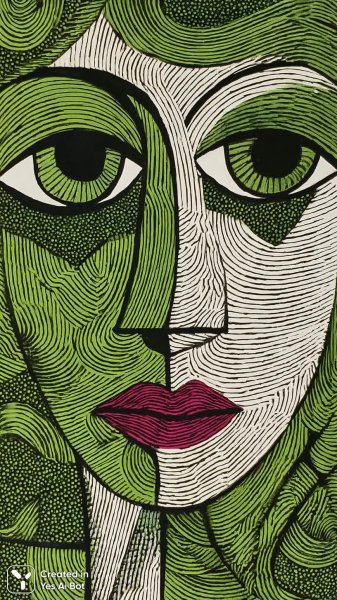 Женское лицо в стиле кубизма: геометрическая абстракция чернил и цвета. Изображение из нейронной сети Миджорни