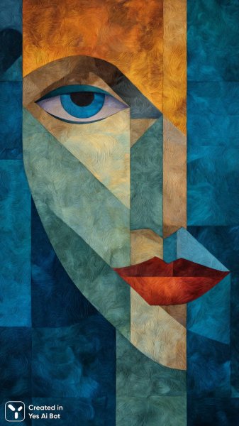 Яркий абстрактный портрет женщины в геометрических формах и смелых цветах. Нейронная сеть Миджорни