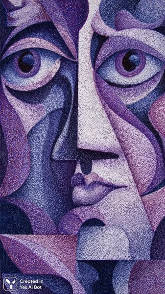 Лицо в чернилах: сюрреалистичный портрет с глубоким оттенком фиолетового цвета и смелыми линиями. Изображение из нейронной сети Midjourney