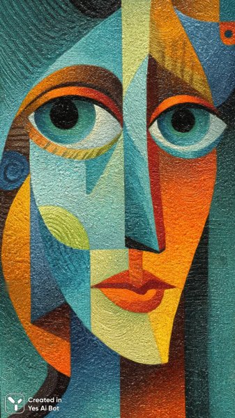 Лицо в геометрии: яркий портрет в стиле кубизма с игривым настроением. Картинка из нейронной сети Миджорни