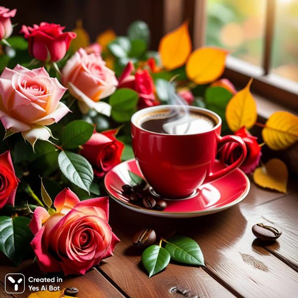 Уютное утро с кофе и розами: атмосфера тепла и спокойствия. Изображение из нейронной сети Stable Diffusion