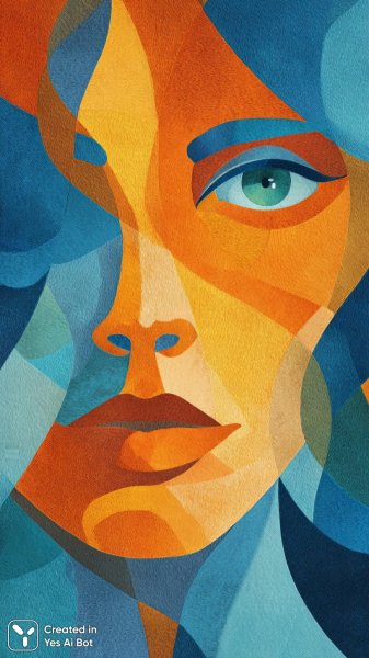 Яркий абстрактный портрет женщины в пурпурных тонах и вихрях линий с акцентом на выразительных глазах. Изображение из нейросети Midjourney