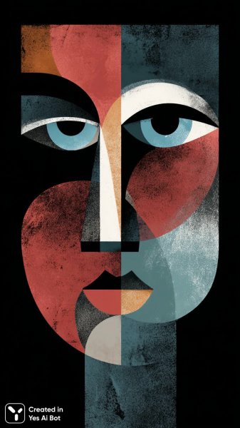 Яркий портрет в абстрактном стиле с геометрическими формами и смелыми цветами. Нейронная сеть Midjourney