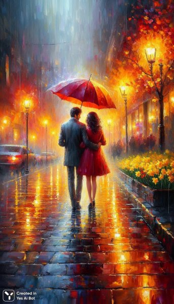 Весенний романс под красным зонтом в стиле Афремова. Изображение из нейросети Dalle-3