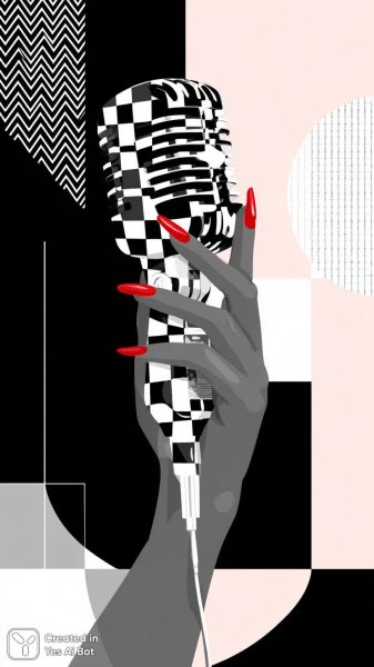 Яркий маникюр и микрофон в руках: игривый черно-белый стиль. Нейросеть Миджорни